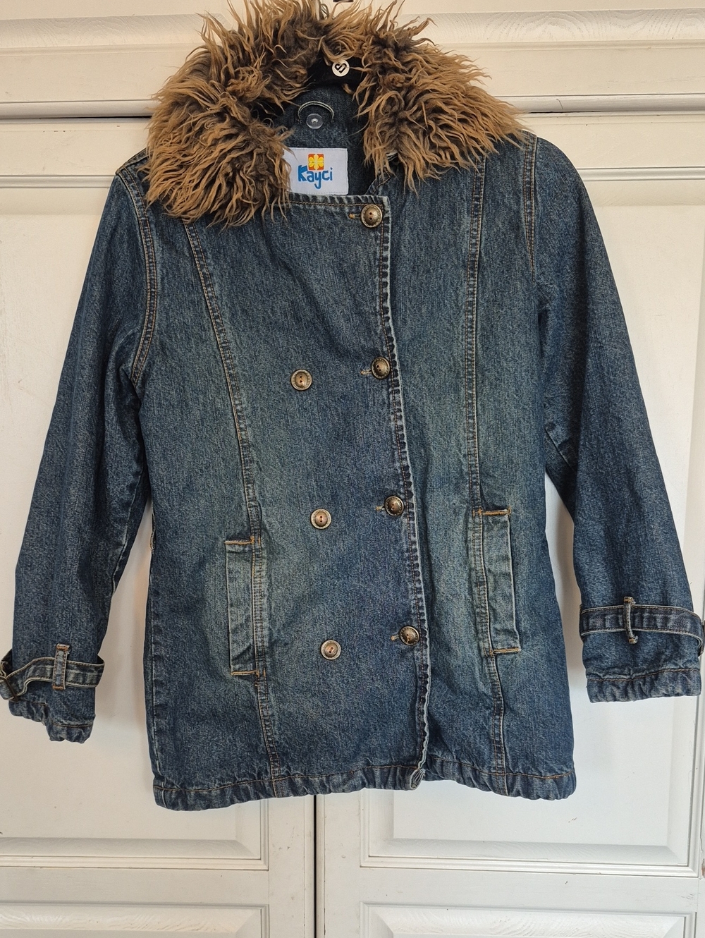 Vintage Kids' Blue Denim Jacket with Faux Fur Collar Y2K